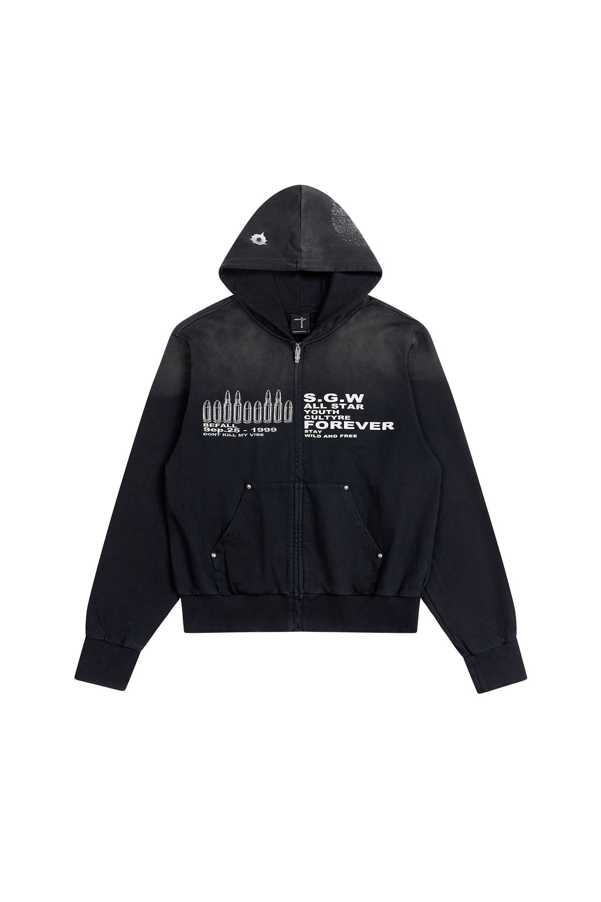 SAVAGEGROWTHWORLD Bullet Hole Graphic Washed Zip-Up Hoodie