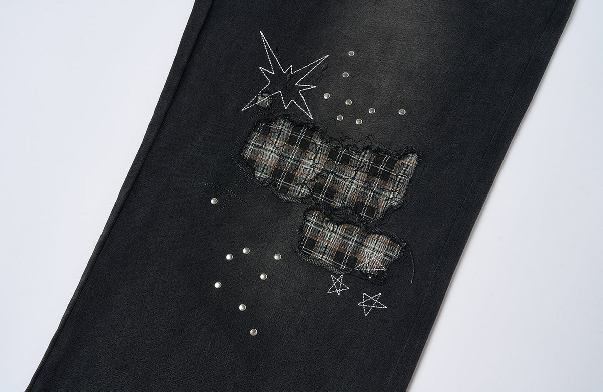 SAVAGEGROWTHWORLD Studded Plaid Panel Sweatpants