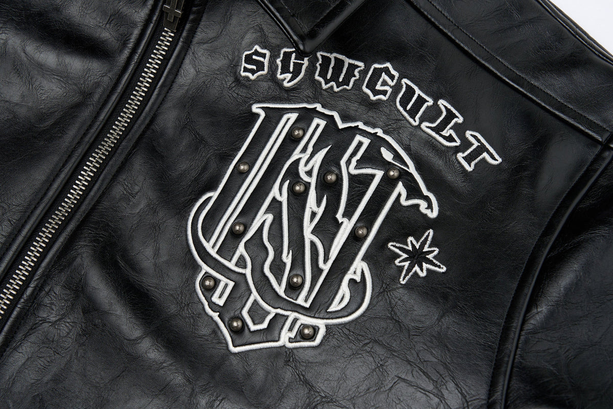 SAVAGEGROWTHWORLD No.05 Patch Faux Leather Studded Moto Jacket