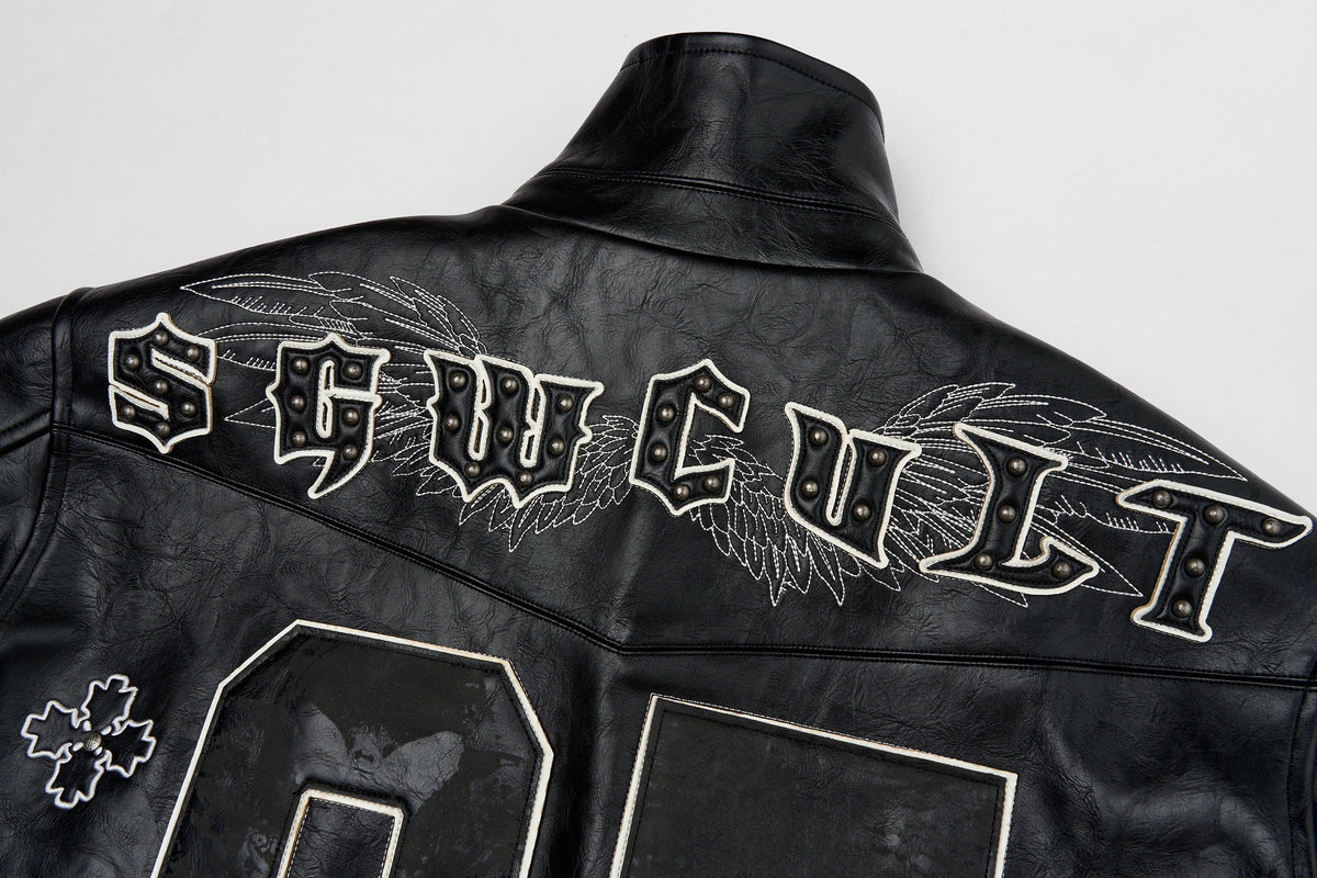 SAVAGEGROWTHWORLD No.05 Patch Faux Leather Studded Moto Jacket