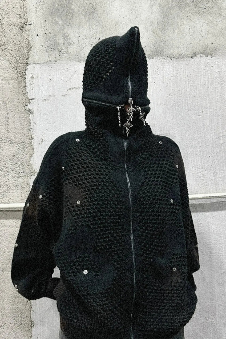 Dark Avant Garde Openwork Knit Hoodie