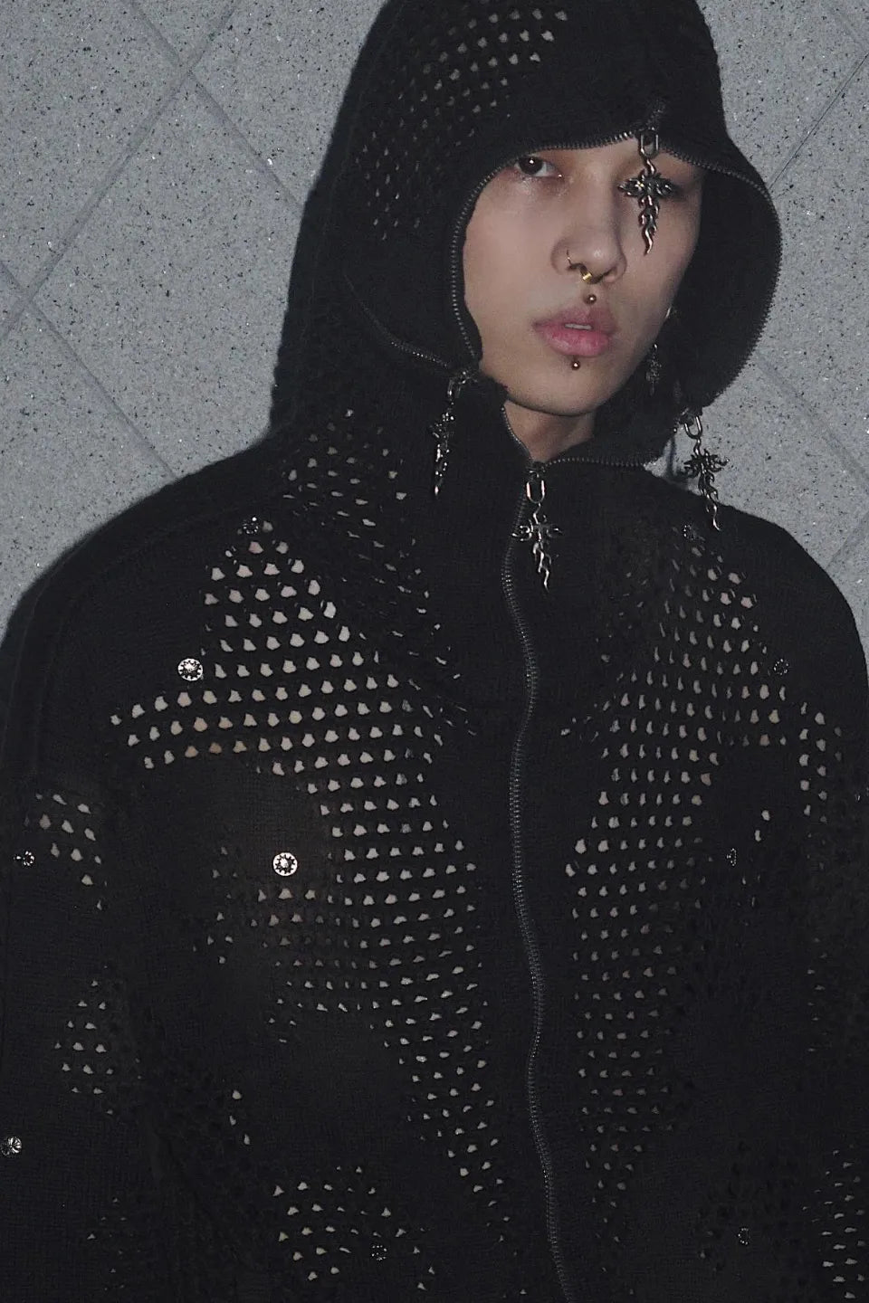 Dark Avant Garde Openwork Knit Hoodie