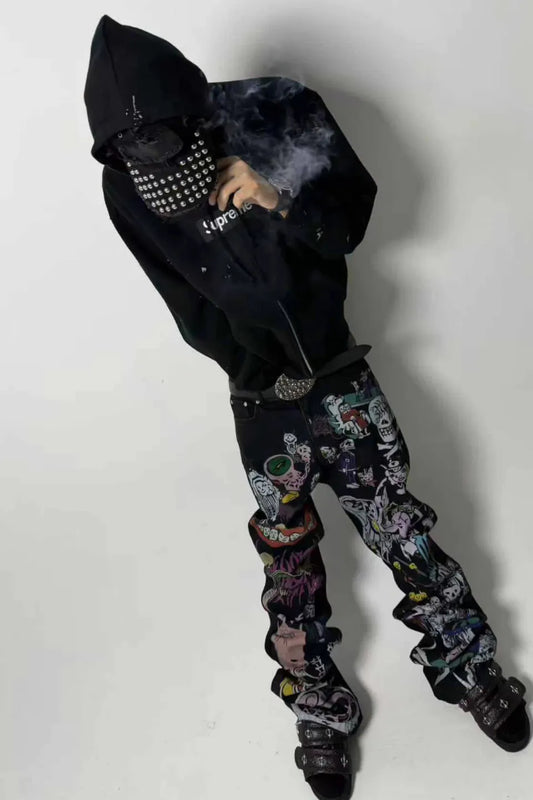 Demon Skull Direct Printed Flared Jeans