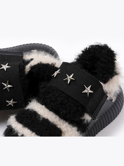 Beige Y2K Platform Fuzzy Star Detail Sneakers