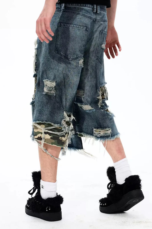 Distressed Layered Woodland Camo Shorts