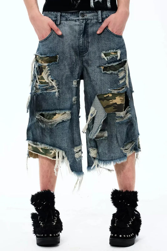 Distressed Layered Woodland Camo Shorts