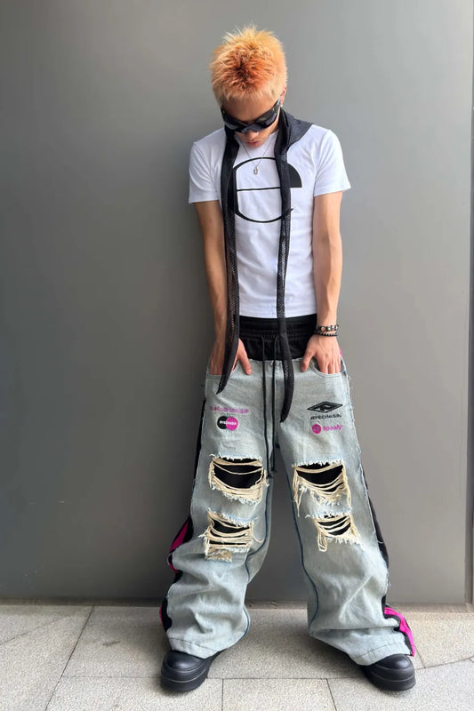 Distressed Pink Stripe Layered Denim
