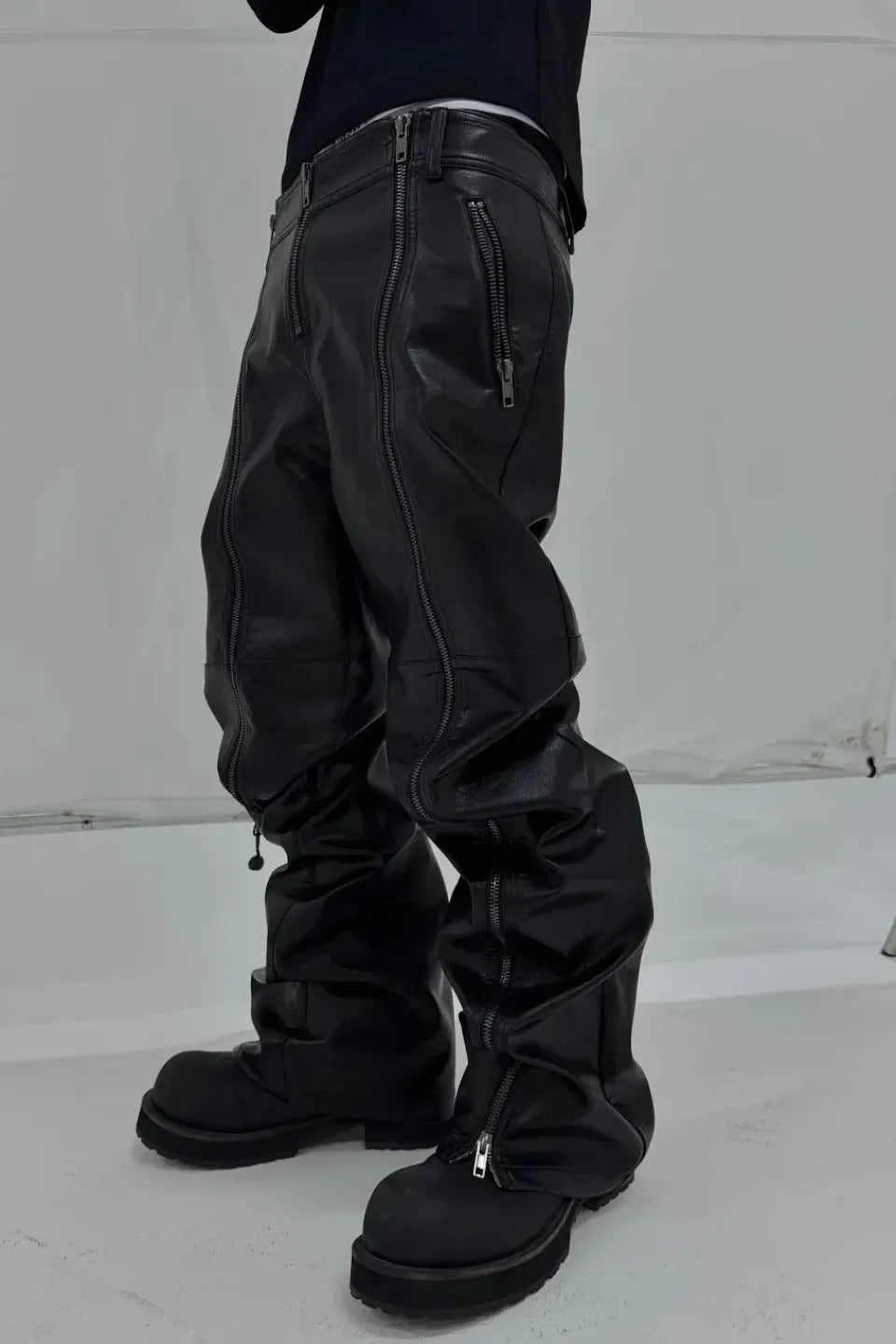Double Zip Faux Leather Flare Pants