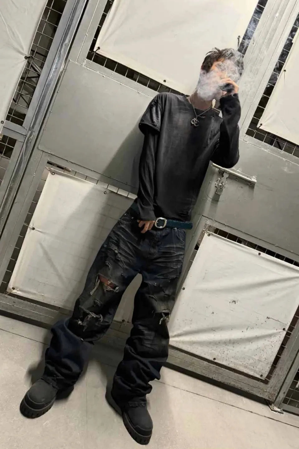 Double Layer Distressed Crinkled LS T-shirt