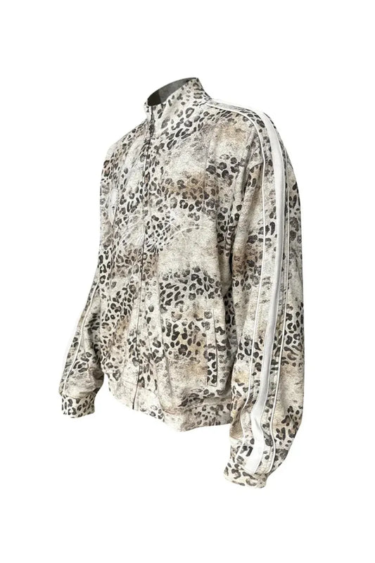 Faded Leopard Stand Collar Zip Sweat Jacket
