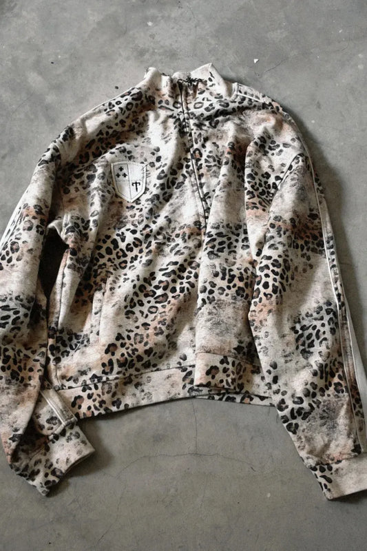 Faded Leopard Stand Collar Zip Sweat Jacket