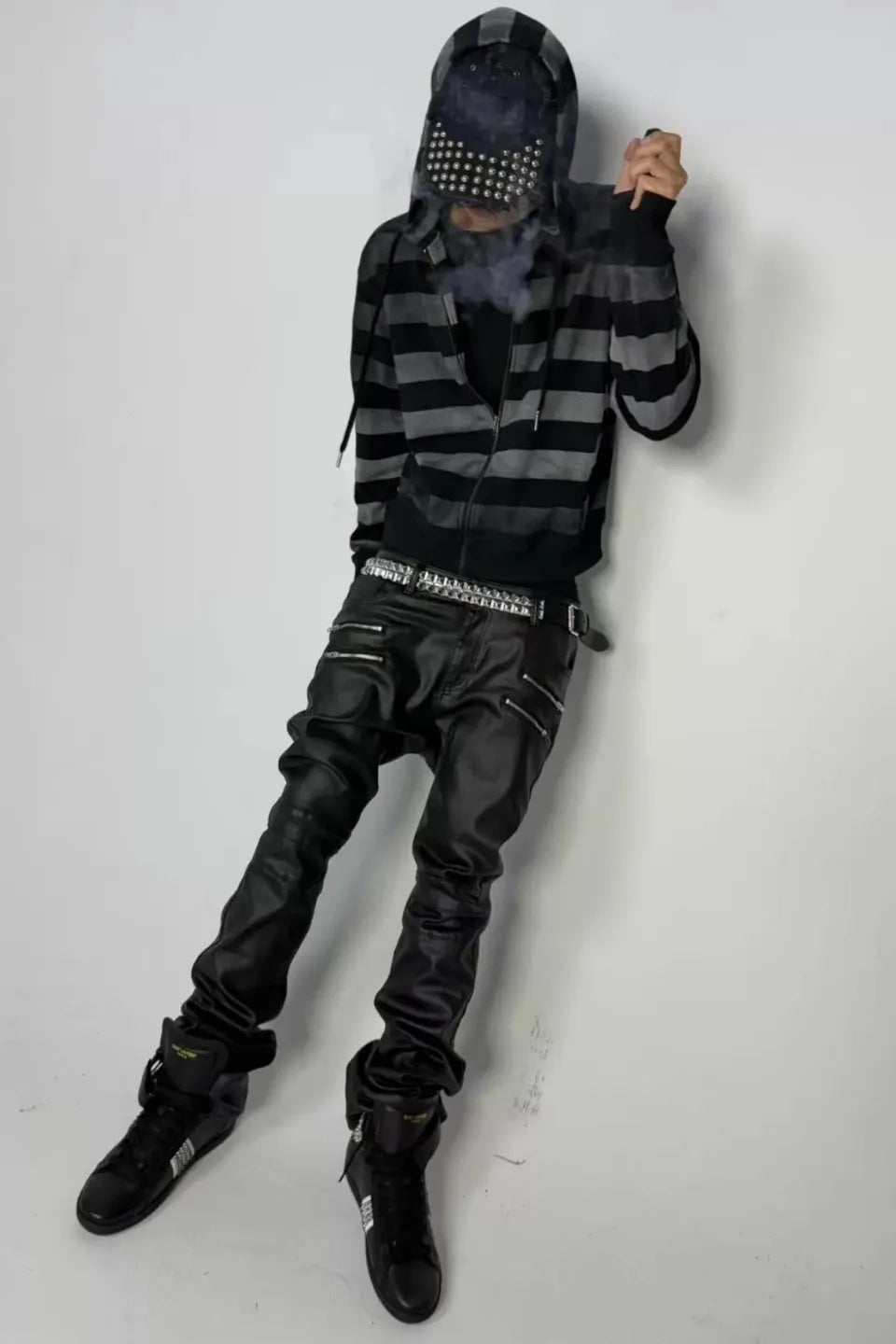 Gradient Striped Dirt Splatter Distressed Zip Hoodie