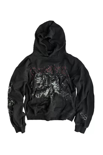 Green Demon Rune Seam Print Enzyme Washed Hoodie