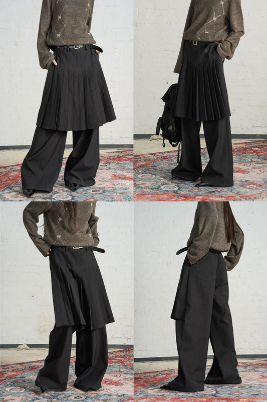 Black Pleated Wide Leg Trousers [ID:0001PA]