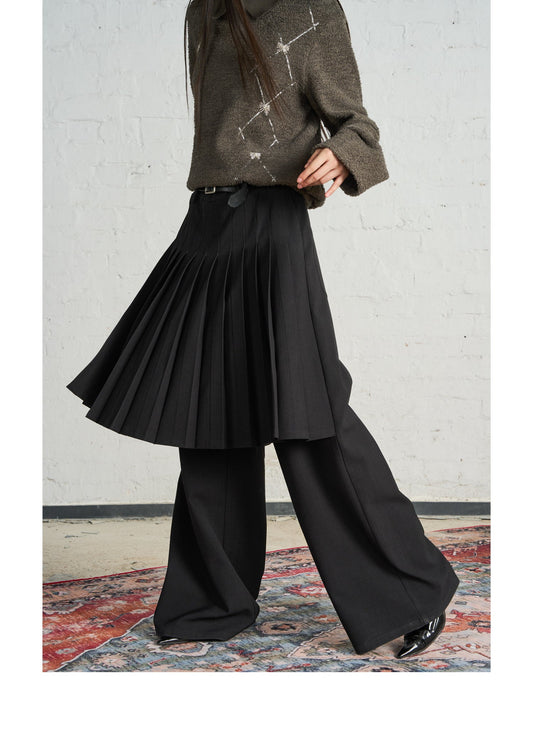 Black Pleated Wide Leg Trousers [ID:0001PA]