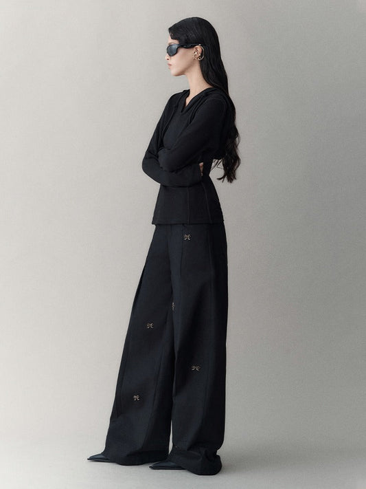 Antique Butterfly Bow Accessory Wide-Leg Slacks Pants [ID:0012PA]