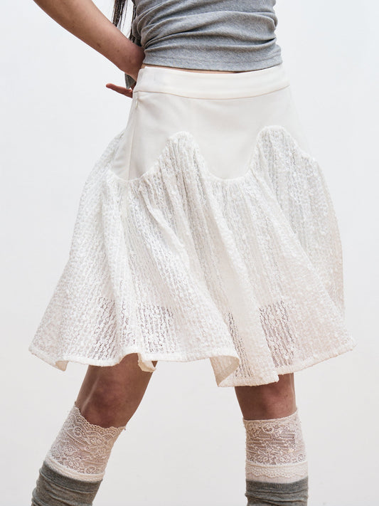 White Wavy Patchwork Lace Texture Skirt [ID:0014SK]