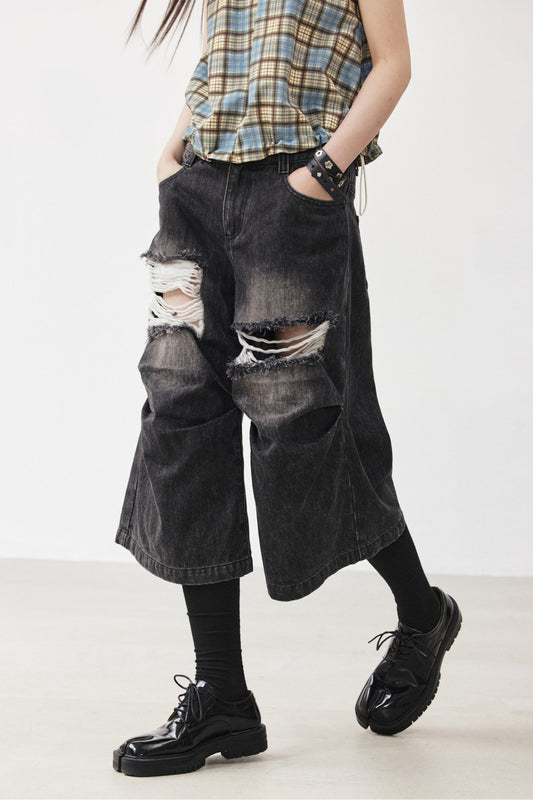 Distressed Black and Gray Knee-Pleated Denim Pants [ID:0016PA]