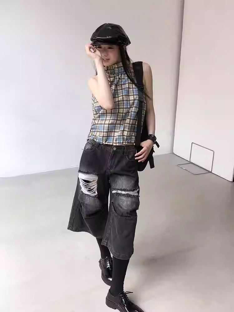 Distressed Black and Gray Knee-Pleated Denim Pants [ID:0016PA]