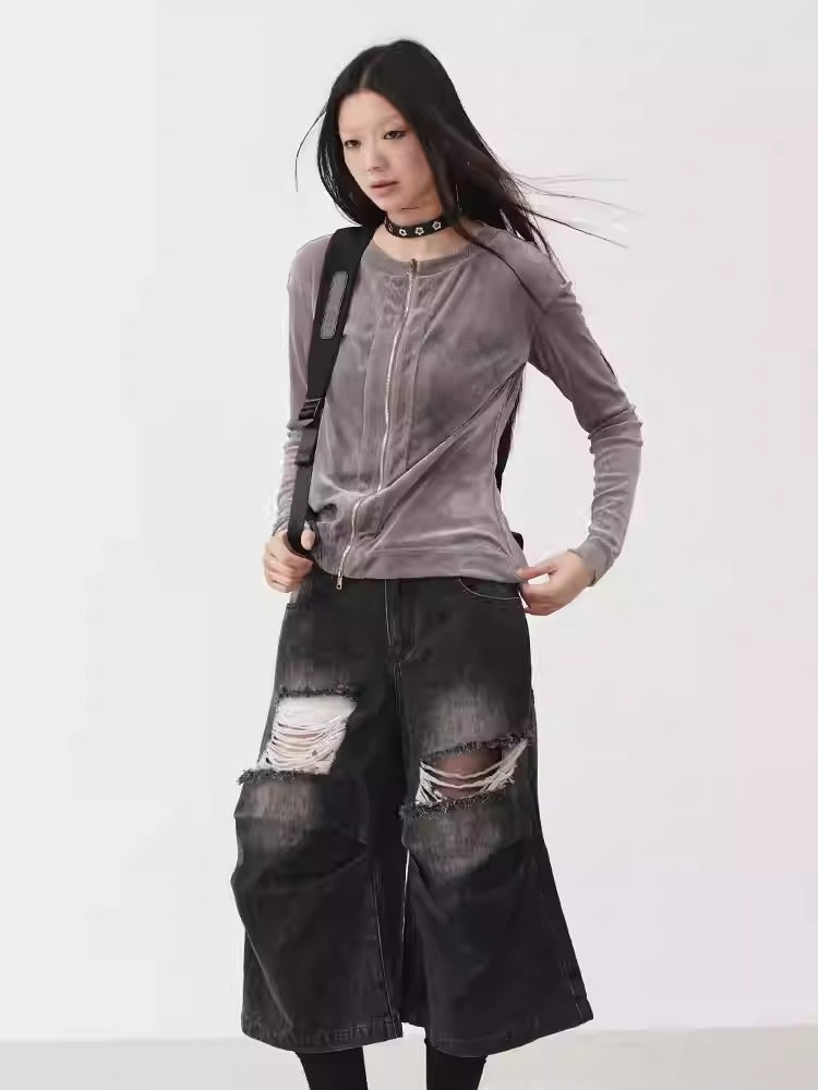 Distressed Black and Gray Knee-Pleated Denim Pants [ID:0016PA]