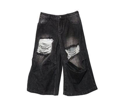 Distressed Black and Gray Knee-Pleated Denim Pants [ID:0016PA]