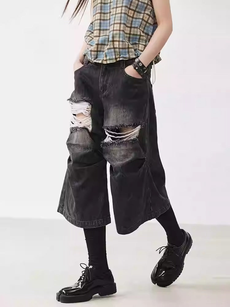 Distressed Black and Gray Knee-Pleated Denim Pants [ID:0016PA]