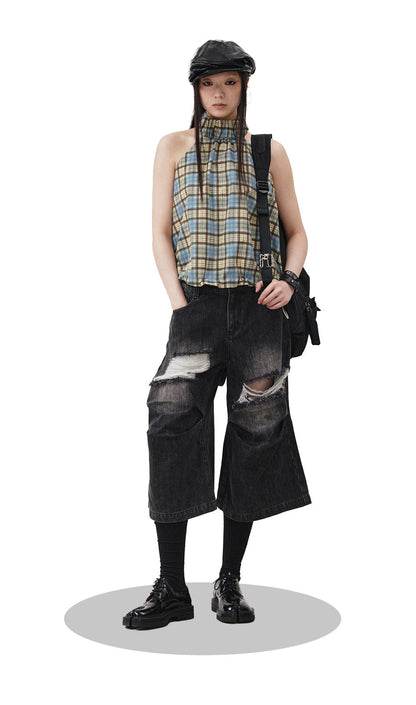 Distressed Black and Gray Knee-Pleated Denim Pants [ID:0016PA]