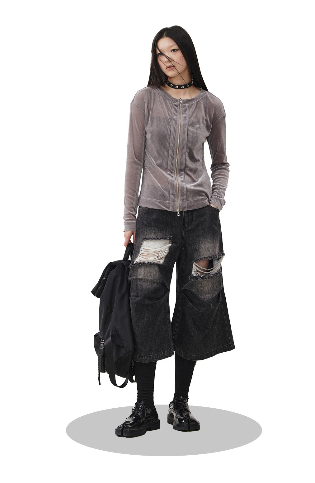 Distressed Black and Gray Knee-Pleated Denim Pants [ID:0016PA]