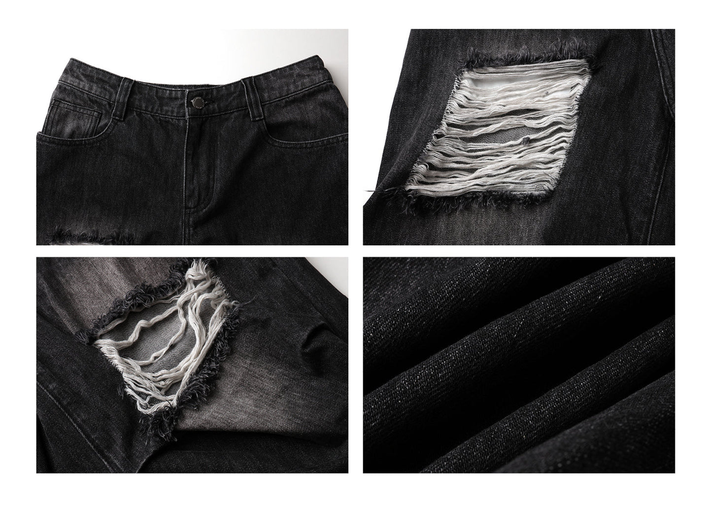 Distressed Black and Gray Knee-Pleated Denim Pants [ID:0016PA]