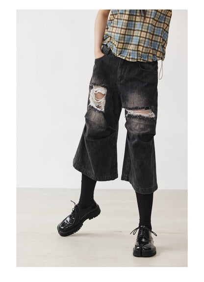 Distressed Black and Gray Knee-Pleated Denim Pants [ID:0016PA]