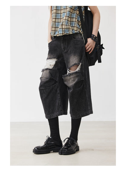 Distressed Black and Gray Knee-Pleated Denim Pants [ID:0016PA]