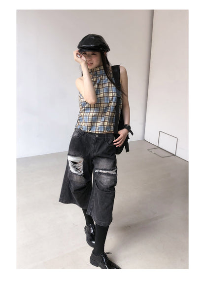 Distressed Black and Gray Knee-Pleated Denim Pants [ID:0016PA]