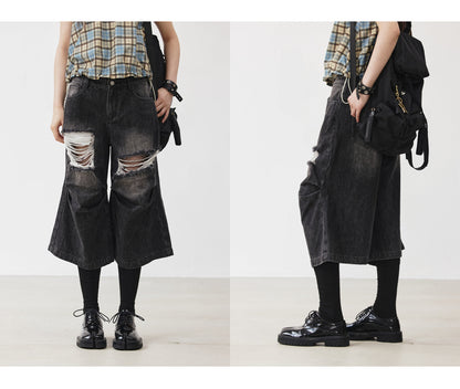 Distressed Black and Gray Knee-Pleated Denim Pants [ID:0016PA]