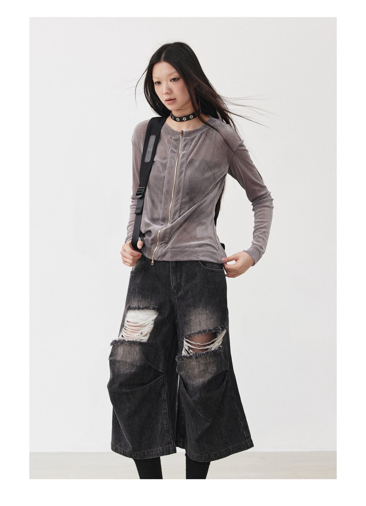 Distressed Black and Gray Knee-Pleated Denim Pants [ID:0016PA]