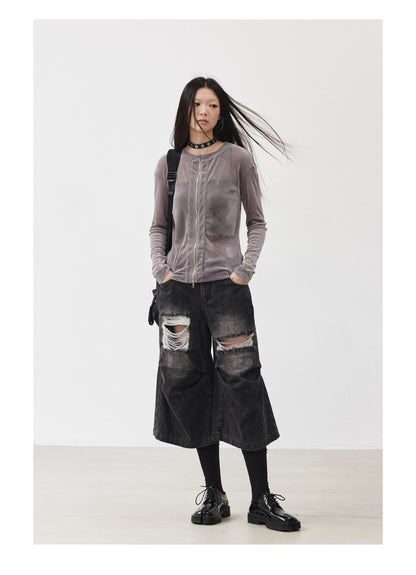 Distressed Black and Gray Knee-Pleated Denim Pants [ID:0016PA]