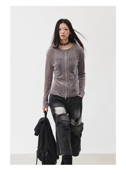 Distressed Black and Gray Knee-Pleated Denim Pants [ID:0016PA]