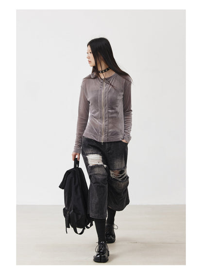 Distressed Black and Gray Knee-Pleated Denim Pants [ID:0016PA]