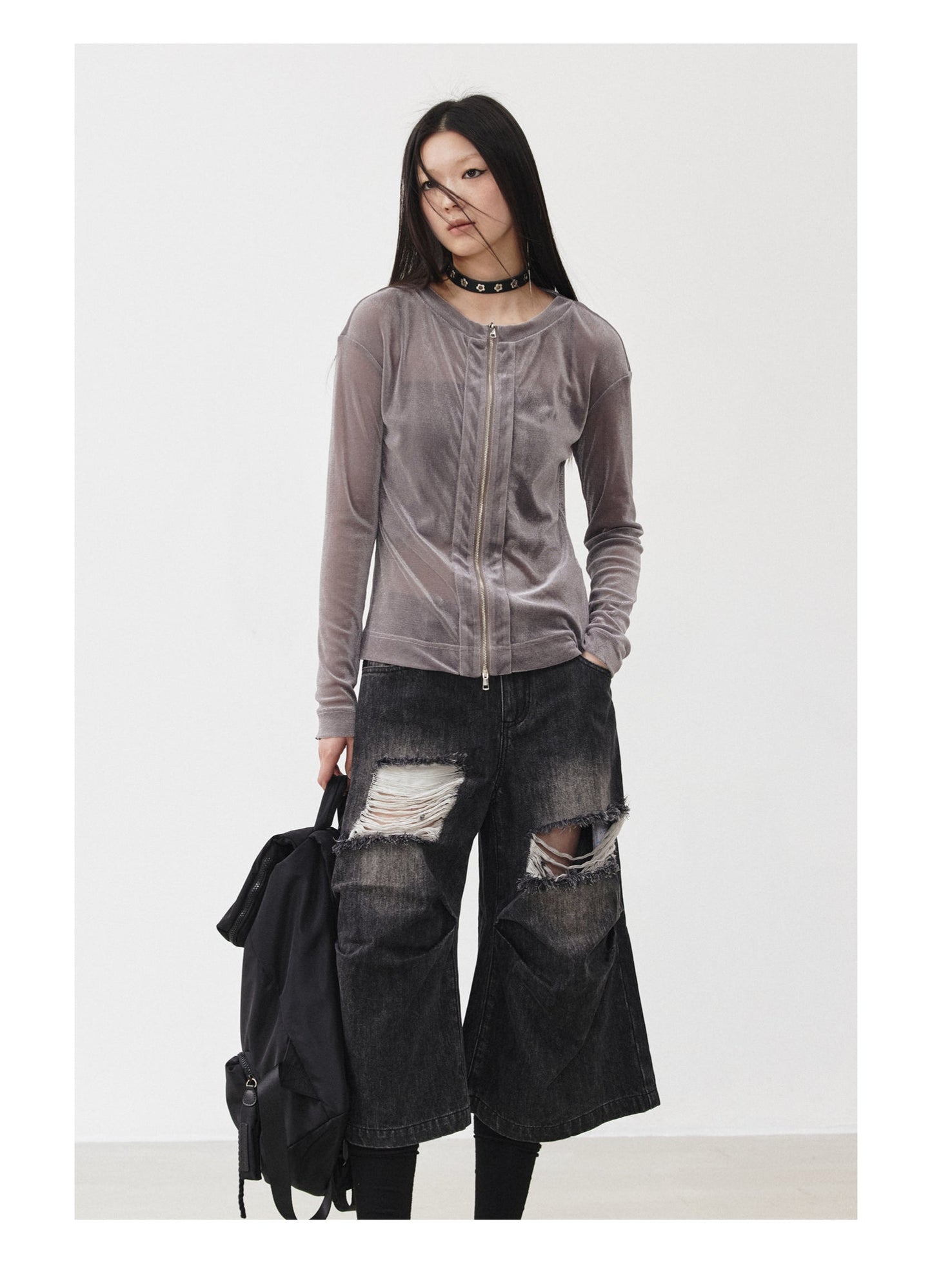 Distressed Black and Gray Knee-Pleated Denim Pants [ID:0016PA]