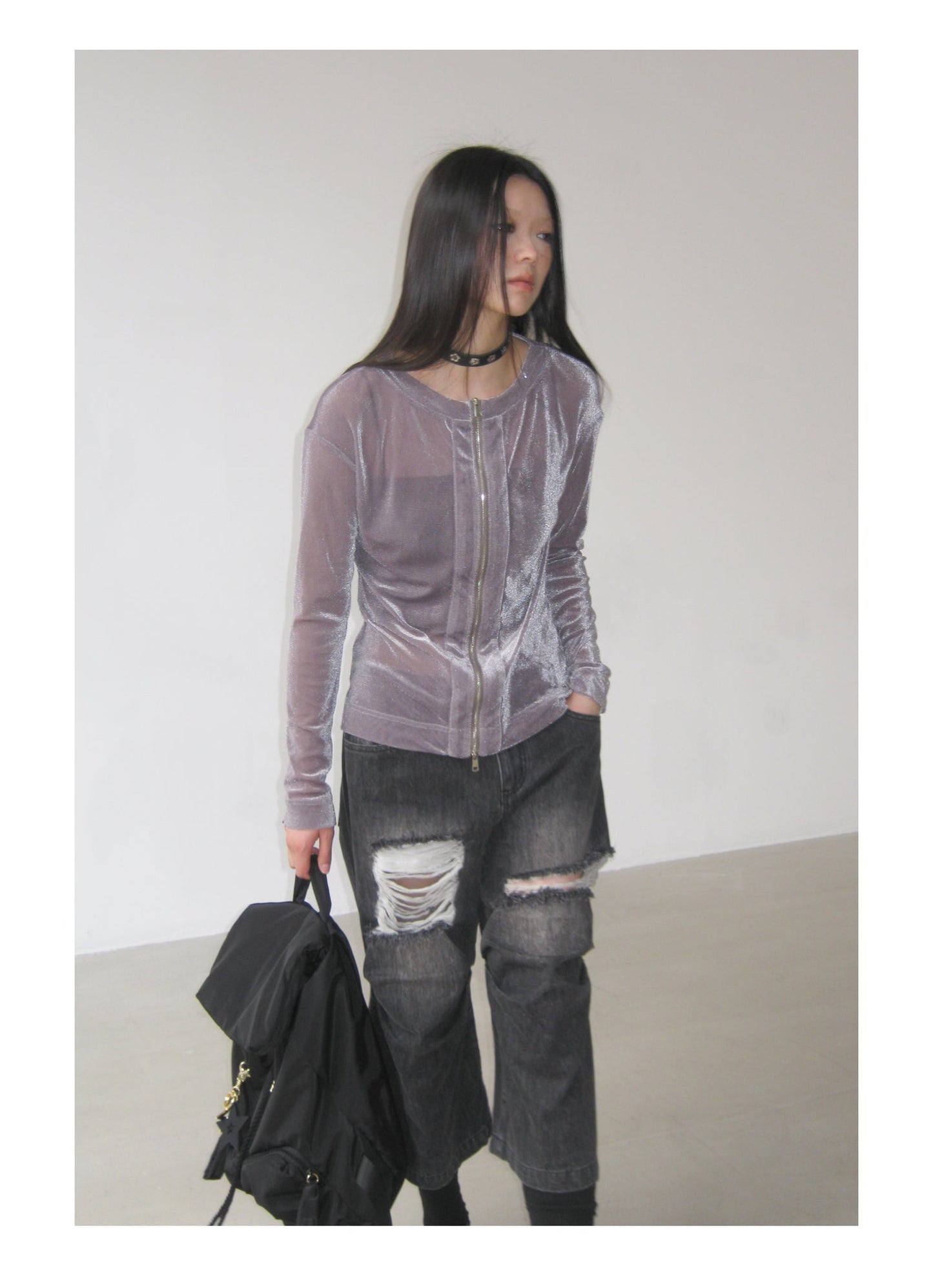 Distressed Black and Gray Knee-Pleated Denim Pants [ID:0016PA]