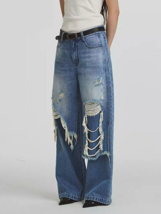 Pure Cotton Loose Fit Two-Piece Distressed Wash Jeans [ID:0019PA]