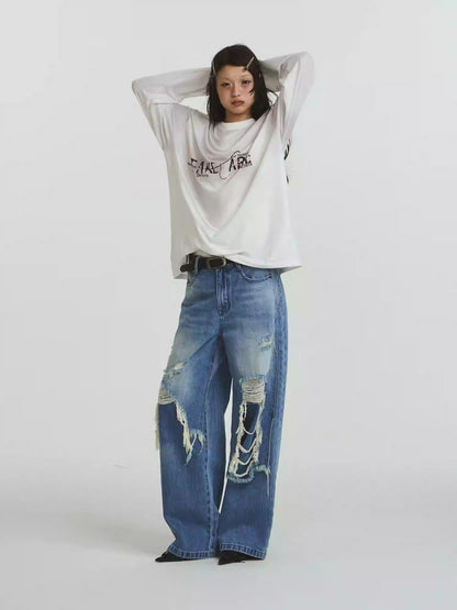 Pure Cotton Loose Fit Two-Piece Distressed Wash Jeans [ID:0019PA]