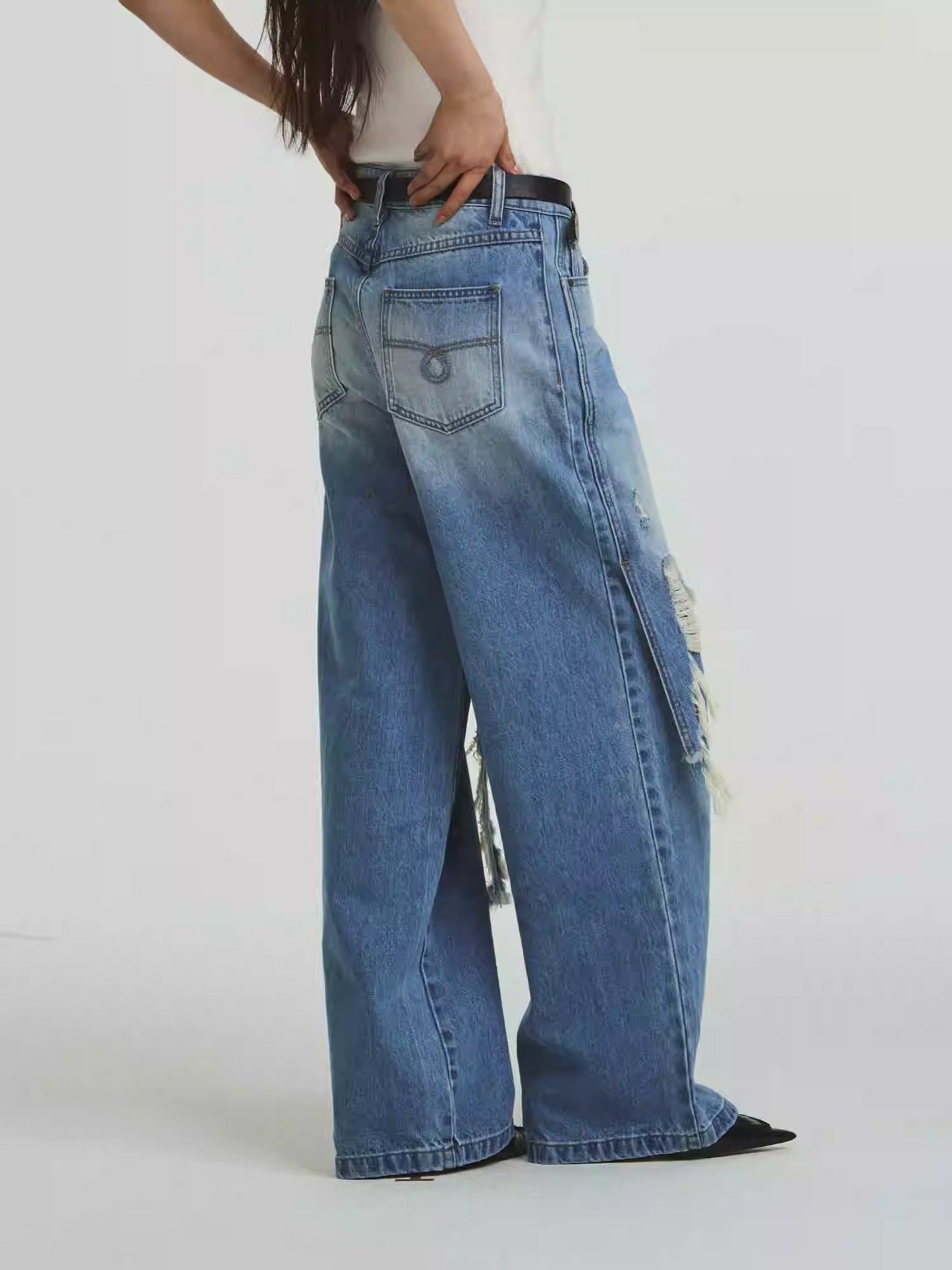 Pure Cotton Loose Fit Two-Piece Distressed Wash Jeans [ID:0019PA]