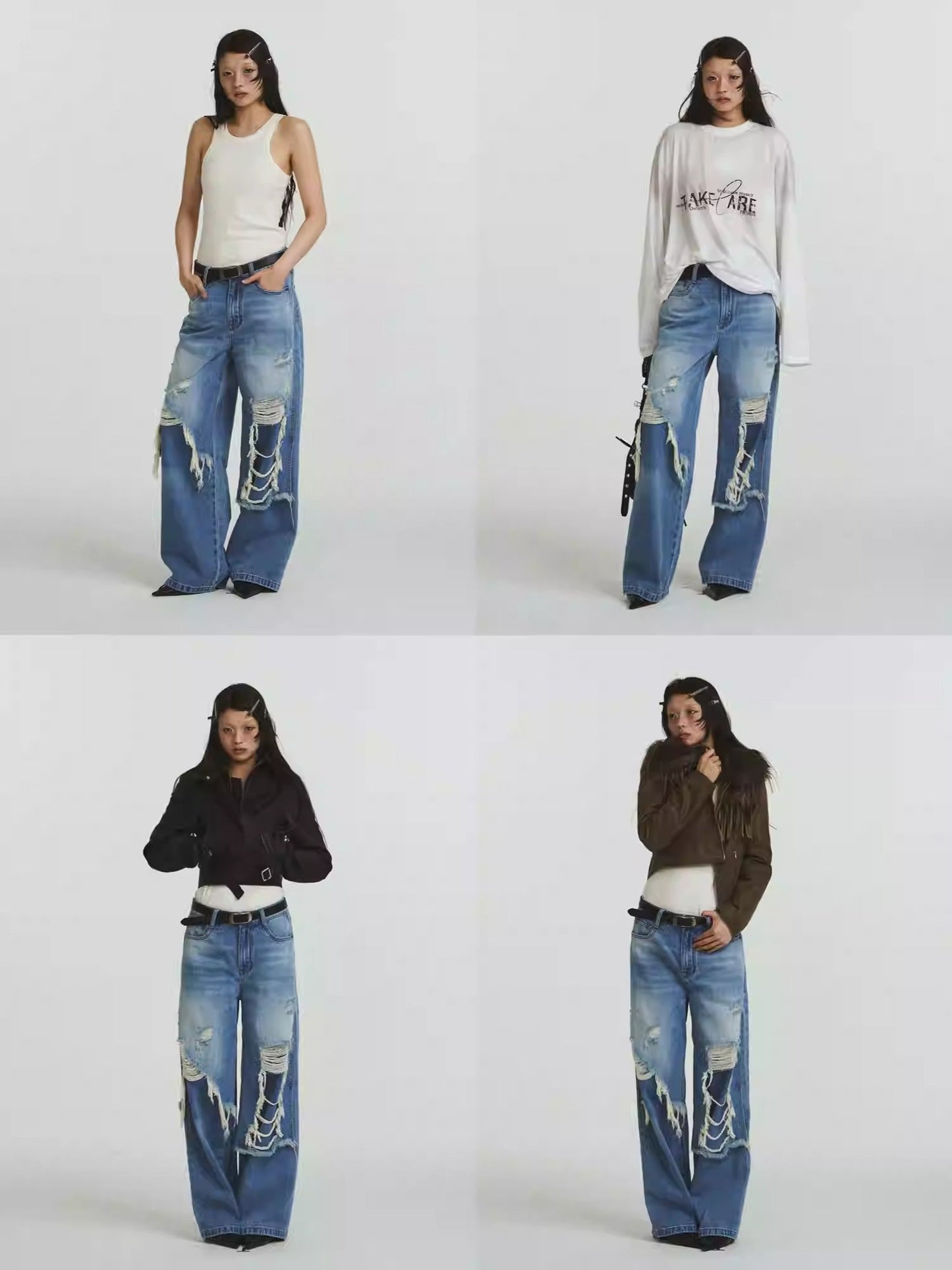 Pure Cotton Loose Fit Two-Piece Distressed Wash Jeans [ID:0019PA]