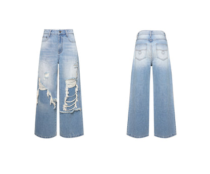 Pure Cotton Loose Fit Two-Piece Distressed Wash Jeans [ID:0019PA]