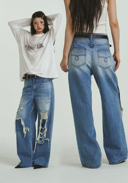 Pure Cotton Loose Fit Two-Piece Distressed Wash Jeans [ID:0019PA]