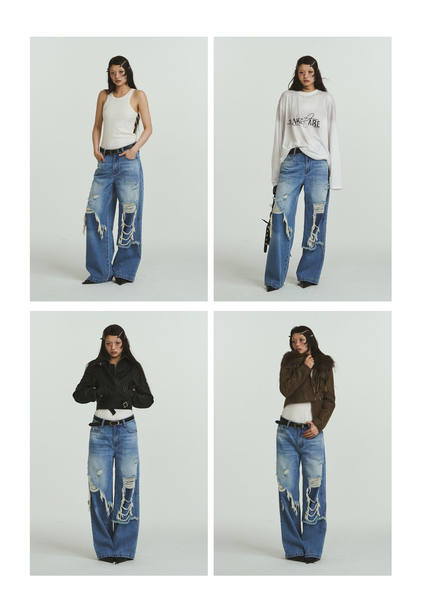 Pure Cotton Loose Fit Two-Piece Distressed Wash Jeans [ID:0019PA]