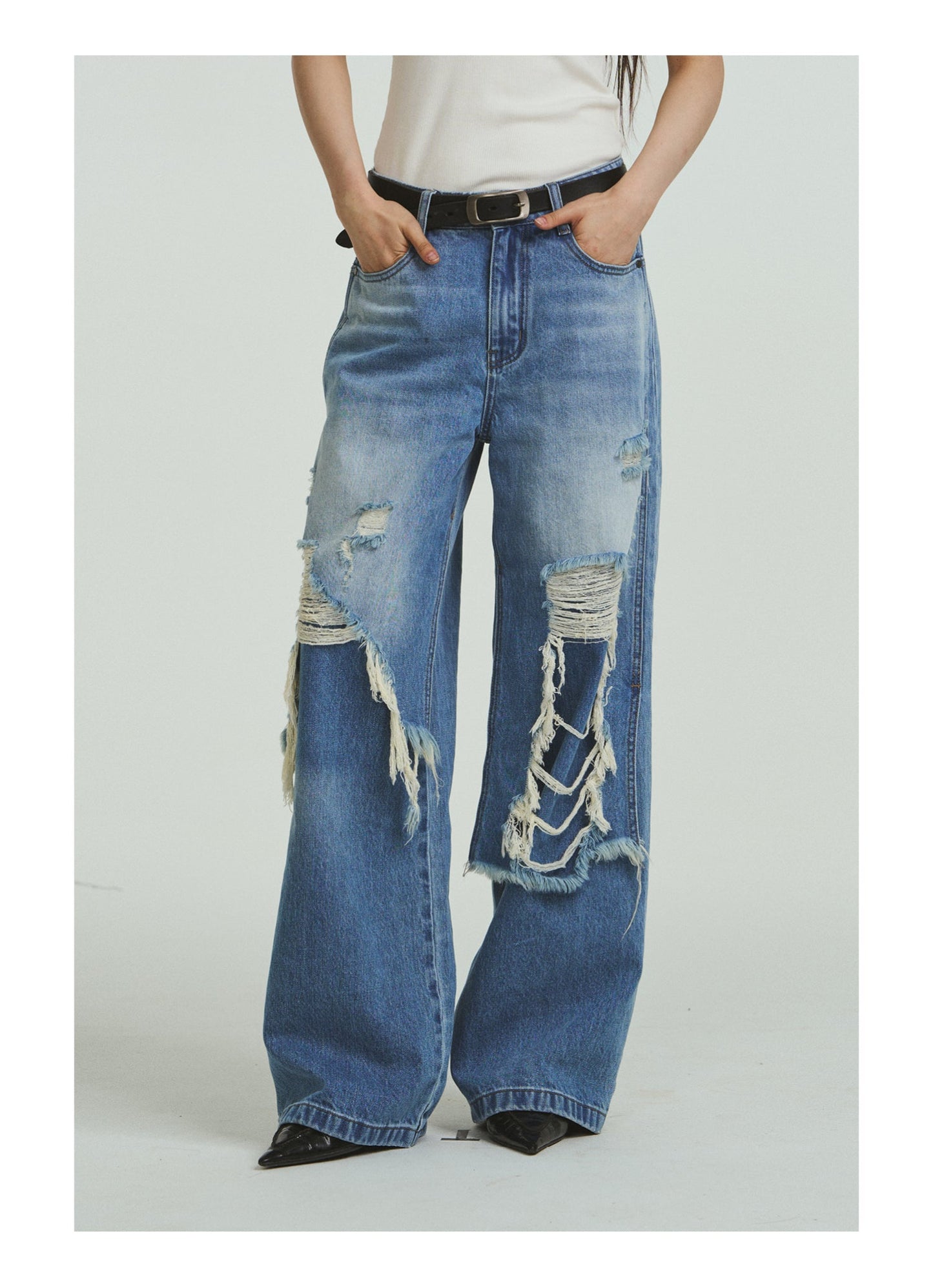 Pure Cotton Loose Fit Two-Piece Distressed Wash Jeans [ID:0019PA]