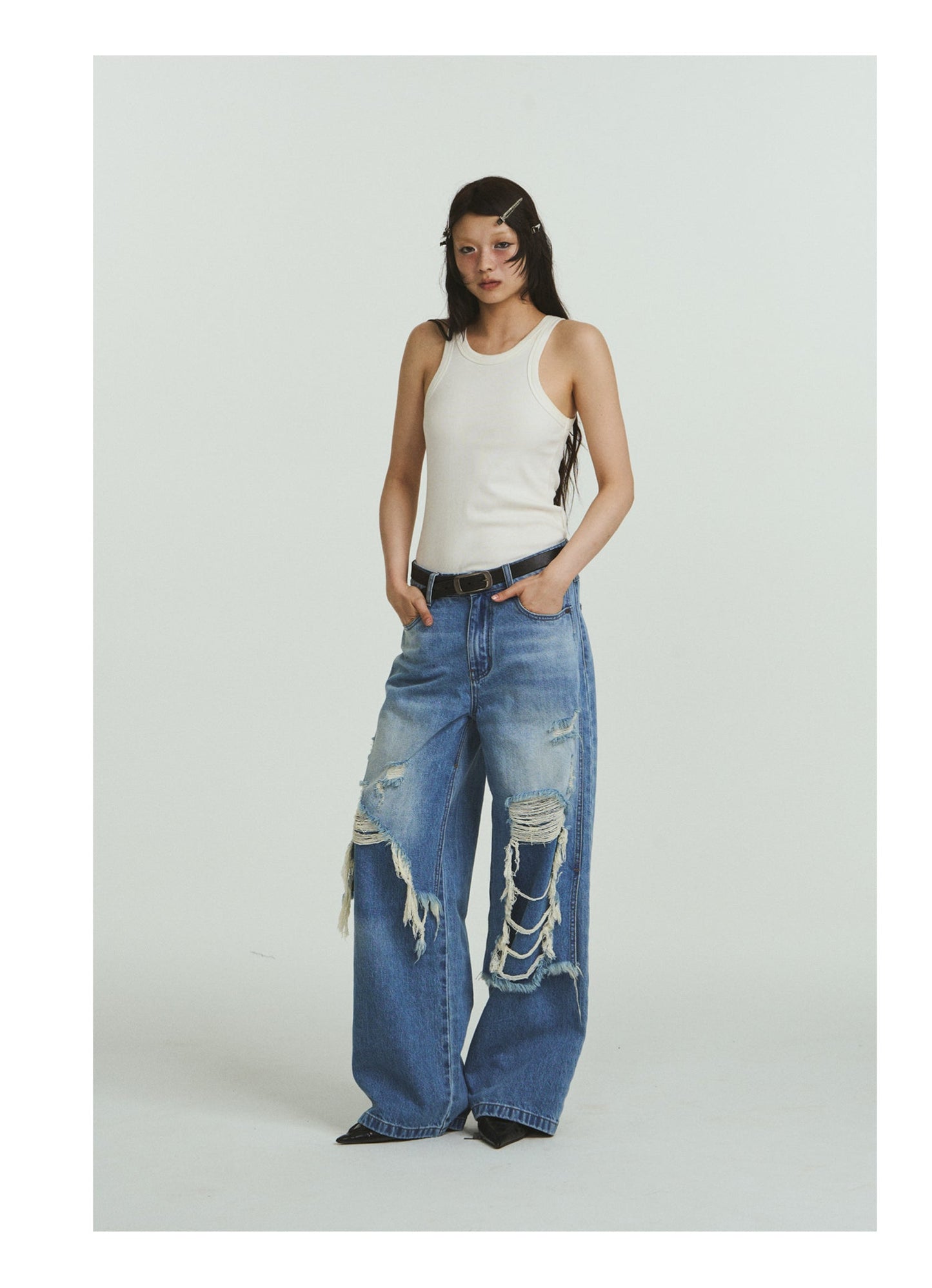 Pure Cotton Loose Fit Two-Piece Distressed Wash Jeans [ID:0019PA]