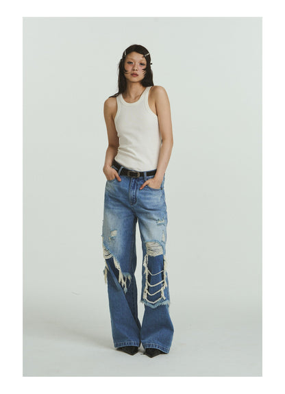 Pure Cotton Loose Fit Two-Piece Distressed Wash Jeans [ID:0019PA]