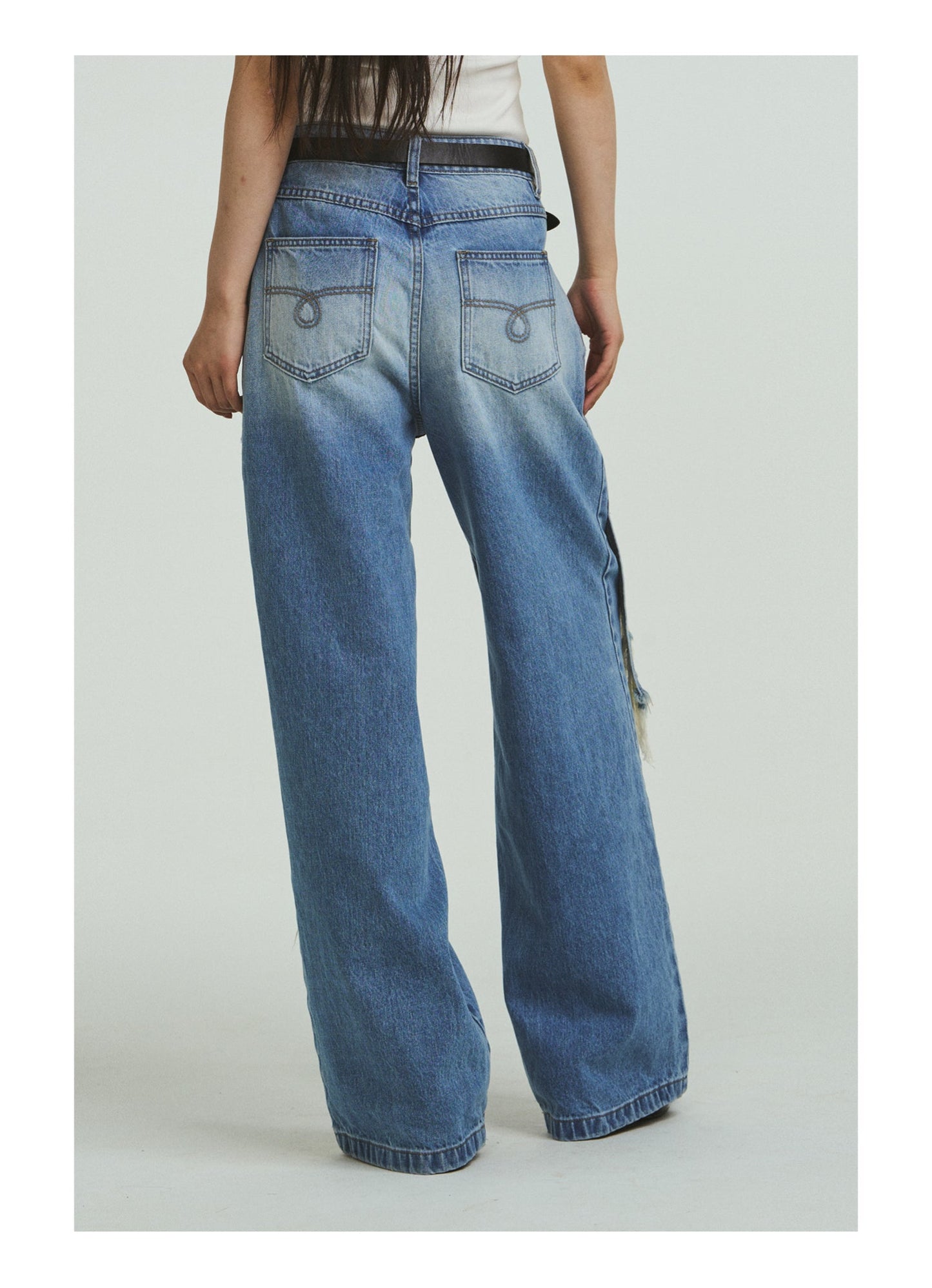 Pure Cotton Loose Fit Two-Piece Distressed Wash Jeans [ID:0019PA]